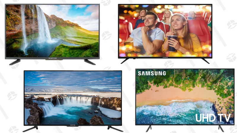 SAMSUNG 58" Class 4K (2160P) Ultra HD Smart LED TV UN58MU6070 | $448 | WalmartSceptre 55" Class 4K Ultra HD (2160P) LED TV | $250 | WalmartSceptre 50" Class FHD (1080P) LED TV | $200 | WalmartSceptre 32" Class HD (720P) LED TV | $90 | WalmartGráfico: Shep McAllister
